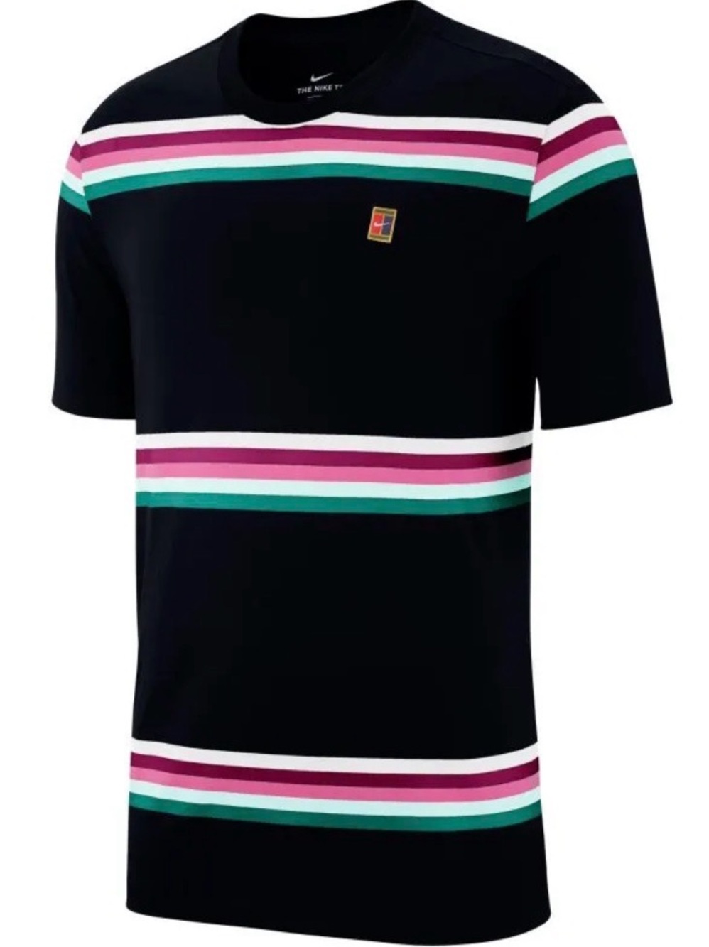 Nike Court Cotton Heritage Navy Tee with Pink, Teal & White Stripes Medium